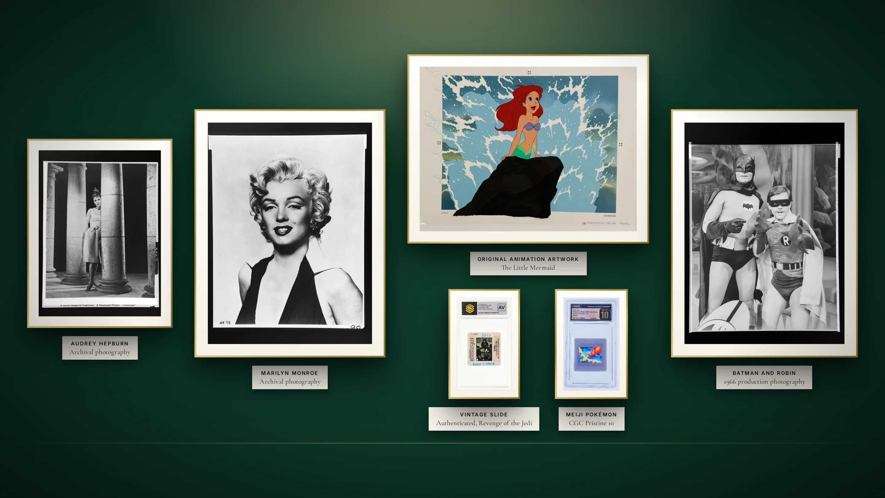 The Vaulted collection: original animation art, archival photography, an authenticated vintage slide and a graded collectible, framed on a gallery wall